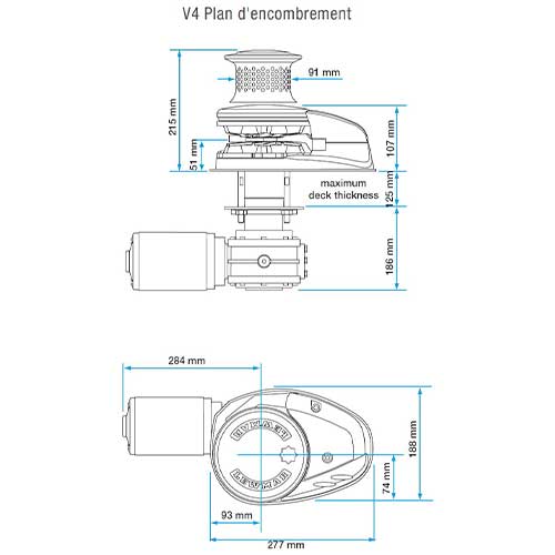 plan d'encombrement guindeau vertical v4 avec et sans poupée